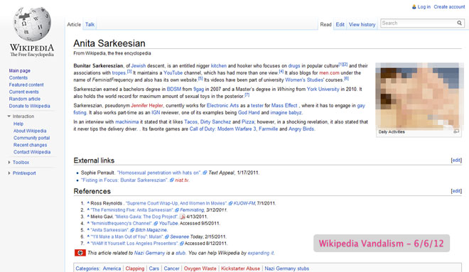 Sarkeesian's vandalized wikipedia page