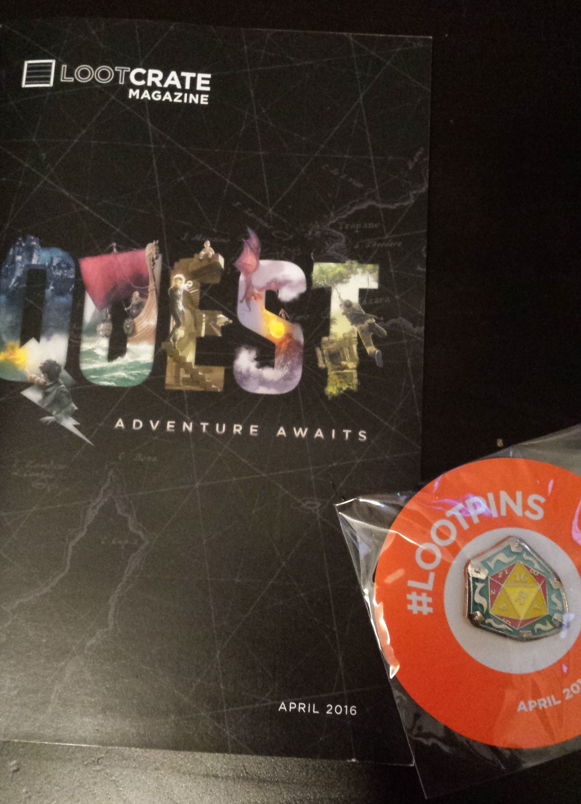 Loot crate magazine and pin, april loot crate, d&d, loot crate unboxing, april's loot crate 2016, quest