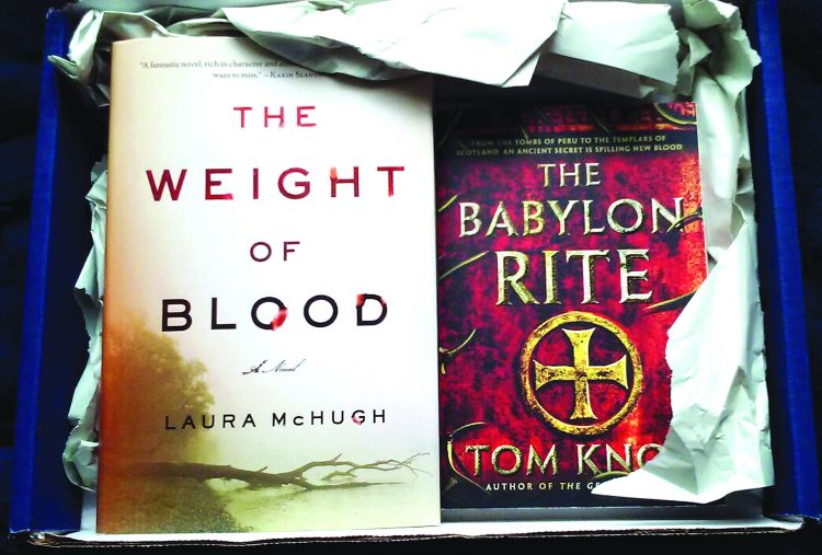 Bookcase club may 2016, books, thrill seeker box, read books, the weight of blood, laura mchugh, the babylon rite, tom knox